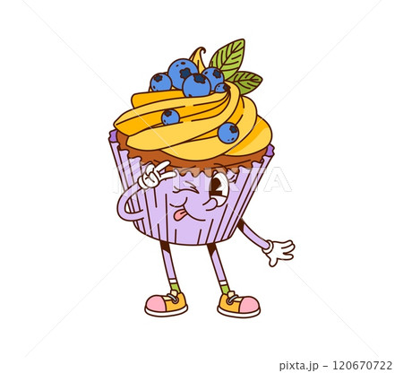 Cartoon groovy cupcake fast food character. Isolated vector blueberry muffin retro personage exudes funky hippie vibes, flaunting a peace gesture, blending sweetness and charm with touch of nostalgiaV Cartoon groovy cupcake fast food character. Isolated vector blueberry muffin retro personage exudes funky hippie vibes, flaunting a peace gesture, blending sweetness and charm with touch of nostalgiaV 120670722