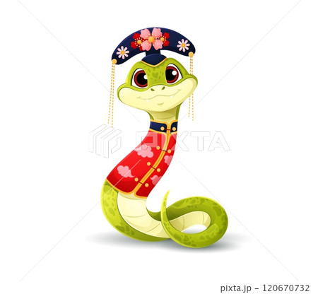 Cute cartoon green snake in traditional Chinese hat adorned with flowers and red vest with golden decor, smiling warmly. 2025 Chinese lunar year serpent character, zodiac reptile animal holiday symbol 120670732