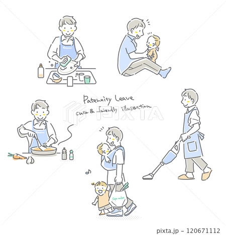 家事・育児をする若い男性セット　育児休暇取得　シンプルでお洒落な線画イラスト 120671112