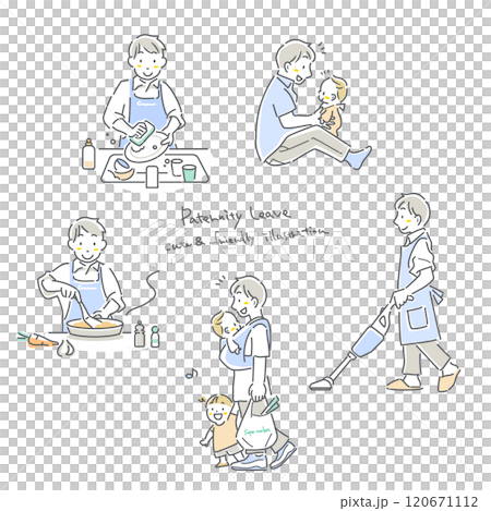 Set of young men doing housework and childcare, taking parental leave, simple and stylish line drawing illustration Set of young men doing housework and childcare, taking parental leave, simple and stylish line drawing illustration 120671112