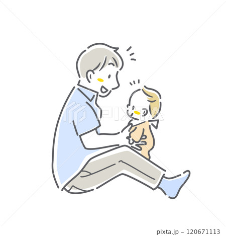 赤ちゃんと遊ぶ若いお父さん　シンプルでお洒落な線画イラスト 120671113