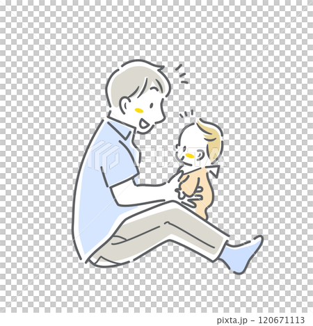 赤ちゃんと遊ぶ若いお父さん　シンプルでお洒落な線画イラスト 120671113