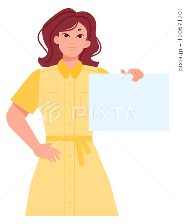 Woman hold empty paper banner. Blank placard template Woman hold empty paper banner. Blank placard template 120671201