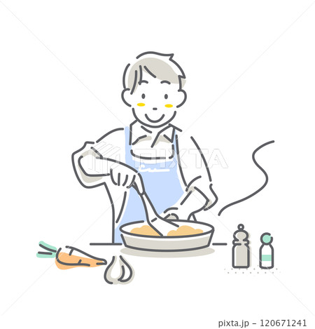 自炊をする若い男性　育児休暇取得　シンプルでお洒落な線画イラスト 120671241