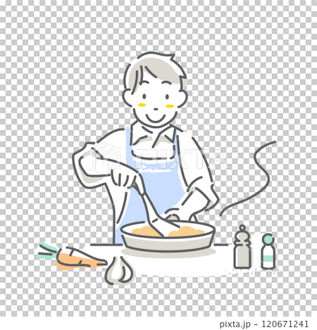 自炊をする若い男性　育児休暇取得　シンプルでお洒落な線画イラスト 120671241
