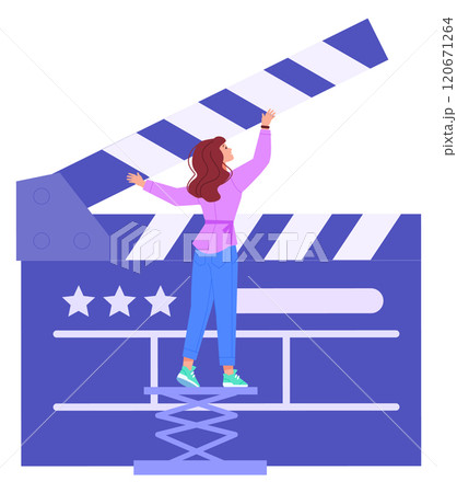 Woman clapping cinema clapboard. Shooting start icon Woman clapping cinema clapboard. Shooting start icon 120671264