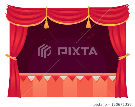 Puppet theater scene. Red curtain empty stage 120671355