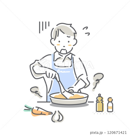 料理が苦手な若い男性　育児休暇取得　シンプルでお洒落な線画イラスト 120671421