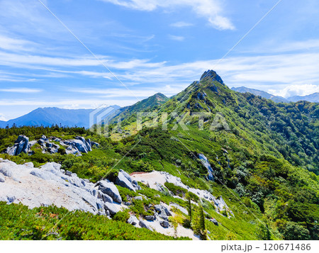 夏の烏帽子岳・南沢岳登山（烏帽子岳～南沢岳：烏帽子岳方面の眺め） 120671486