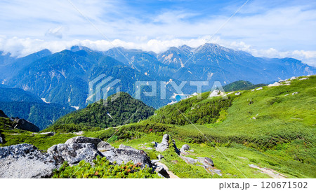 夏の烏帽子岳・南沢岳登山（南沢岳山頂から立山方面の眺め） 120671502