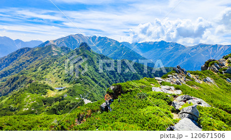 夏の烏帽子岳・南沢岳登山(南沢岳山頂から烏帽子岳方面の眺め) 夏の烏帽子岳・南沢岳登山(南沢岳山頂から烏帽子岳方面の眺め) 120671506