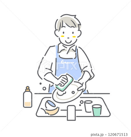 食器を洗う若い男性　育児休暇取得　シンプルでお洒落な線画イラスト 120671513