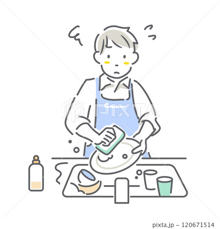 食器を洗う若い男性　育児休暇取得　シンプルでお洒落な線画イラスト 120671514