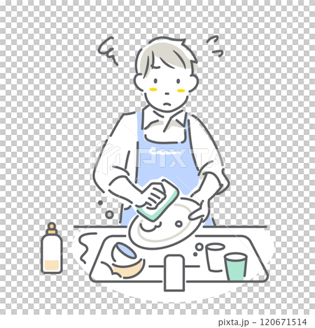 食器を洗う若い男性　育児休暇取得　シンプルでお洒落な線画イラスト 120671514