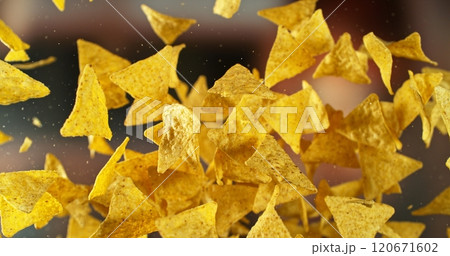 Flying Tortilla Chips, Mexican Nachos Flying up in the Air. 120671602
