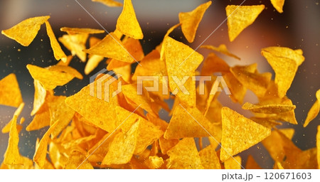 Flying Pepper Tortilla Chips, Mexican Nachos Flying up in the Air. 120671603