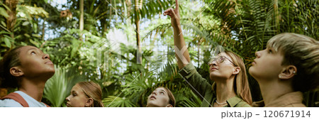 Young female botanical garden worker pointing finger at palm tree while conducting tour for group of teenagers, header for website 120671914