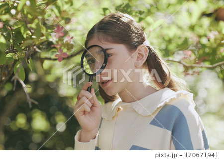 Medium closeup of Caucasian teen girl holding magnifier looking closer at tree flowers while studying plants in botanical garden Medium closeup of Caucasian teen girl holding magnifier looking closer at tree flowers while studying plants in botanical garden 120671941