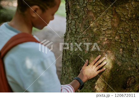 High angle view of Black teenager touching surface of old tree trunk in local park or botanical garden High angle view of Black teenager touching surface of old tree trunk in local park or botanical garden 120672011