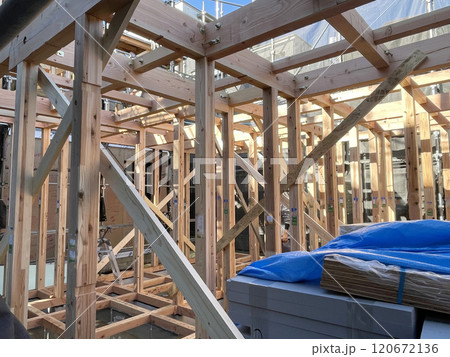 During construction of new unfinished residential home, wood framing supports beam in Japan During construction of new unfinished residential home, wood framing supports beam in Japan 120672136