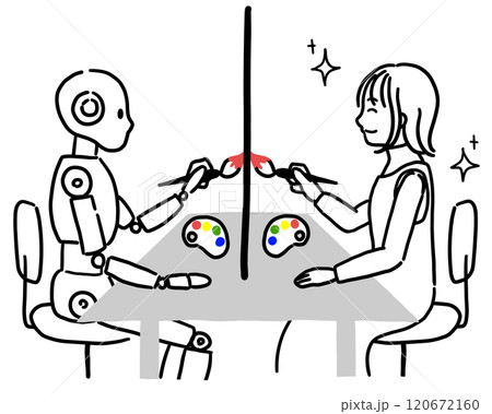 AIと向き合って絵を描く笑顔の女性のイラスト AIと向き合って絵を描く笑顔の女性のイラスト 120672160