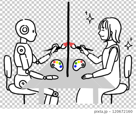 AIと向き合って絵を描く笑顔の女性のイラスト AIと向き合って絵を描く笑顔の女性のイラスト 120672160
