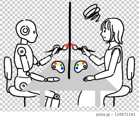 Illustration of a troubled woman drawing a picture facing an AI 120672161