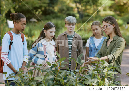 Young professional botanist working in botanical garden demonstrating plant to group of teen students 120672352