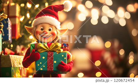 Friendly holiday elf with a cheerful smile, holding a stack of colorful presents, surrounded by festive decorations and Christmas lights. AI generated. 120672454