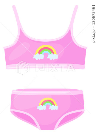 Pink girl underwear. Cartoon panties and top with rainbow 120672461