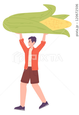 Man carry corn. Vegetarian color male character Man carry corn. Vegetarian color male character 120672506