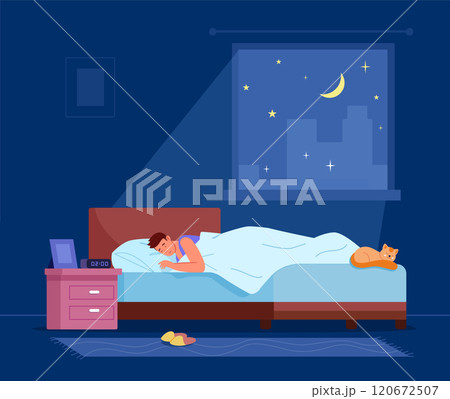 Man sleeping in bedroom interior. Night bed rest Man sleeping in bedroom interior. Night bed rest 120672507