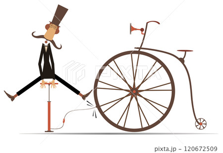 Cartoon man and a broken bicycle. Man in the top hat inflates the wheel of a retro bicycle. Long moustaches gentleman in the top hat inflates the wheel of a retro bicycle. Cartoon man repairs bicycle Cartoon man and a broken bicycle. Man in the top hat inflates the wheel of a retro bicycle. Long moustaches gentleman in the top hat inflates the wheel of a retro bicycle. Cartoon man repairs bicycle 120672509