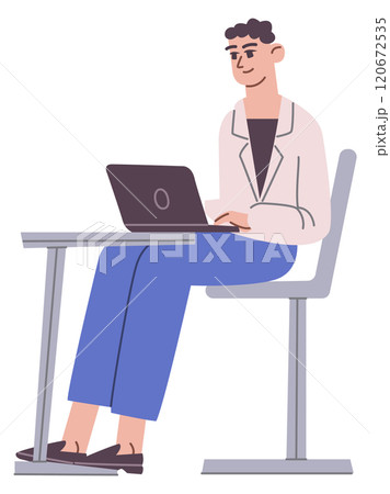 Student on lecture sit at desk. Young man with laptop 120672535