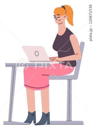 Student girl work on laptop. University lecture desk Student girl work on laptop. University lecture desk 120672536
