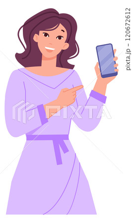 Woman pointing on smartphone app. Mobile screen showing 120672612
