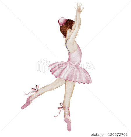 Ballerina watercolor. Ballet girl. Hand drawn incredible dancer in pink tutu skirt. Clip art on isolated white background of cute ballet beauty. Perfect for poster and cards, princess daughter room 120672701