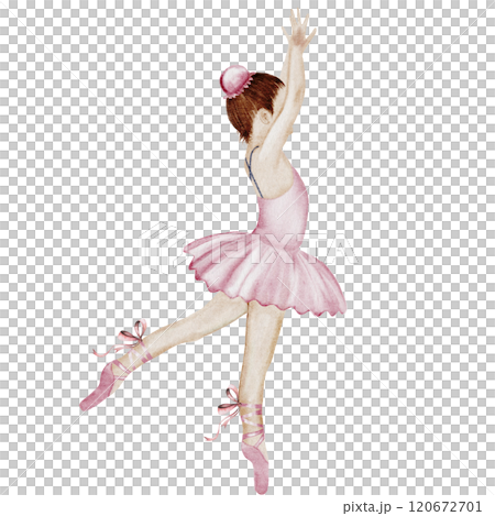 Ballerina watercolor. Ballet girl. Hand drawn incredible dancer in pink tutu skirt. Clip art on isolated white background of cute ballet beauty. Perfect for poster and cards, princess daughter room 120672701