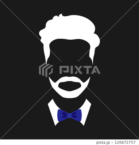 Abstract man silhouette in bow tie. Male hairstyle and beard with blue bow tie. Gentleman. Vector illustration 120672757