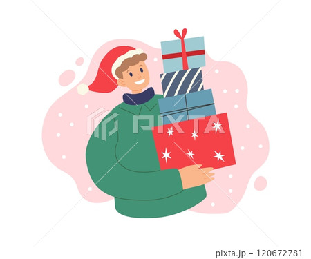 Man with Christmas presents. Festive winter concept. Vector illustration in simple style 120672781