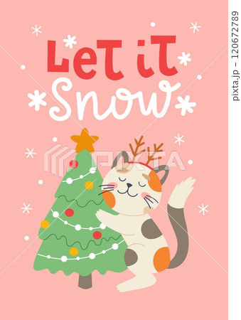 Cat with Christmas tree. Christmas feline card. Vector card design template 120672789