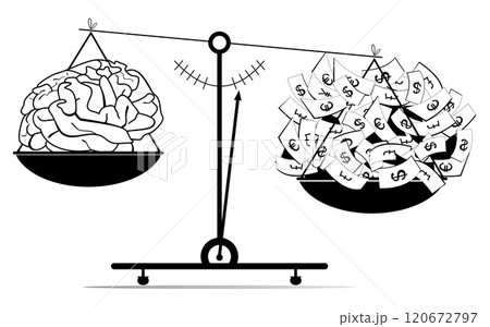 Brain. Scales. Success. Money. Brain, scales and pile of paper currency money. Business concept. Black and white illustration Brain. Scales. Success. Money. Brain, scales and pile of paper currency money. Business concept. Black and white illustration 120672797