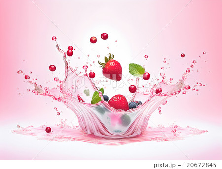The image captures a vibrant and dynamic scene of mixed berries and mint splashed with liquid, against a soft pink background The image captures a vibrant and dynamic scene of mixed berries and mint splashed with liquid, against a soft pink background 120672845