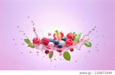The image captures a vibrant and dynamic scene of mixed berries and mint splashed with liquid, against a soft pink background 120672846