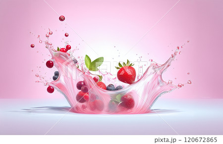 The image captures a vibrant and dynamic scene of mixed berries and mint splashed with liquid, against a soft pink background 120672865