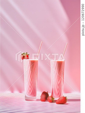 The image presents an artistic arrangement of two strawberry smoothies in clear, tall glasses adorned with decoration 120672990