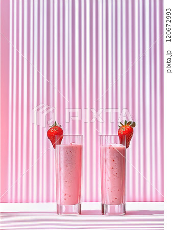 The image presents an artistic arrangement of two strawberry smoothies in clear, tall glasses adorned with decoration 120672993