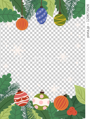 Festive Poster template of hanging ornaments, pine branches, holly, and snowflakes on a light background, perfect for holiday designs. 120673026