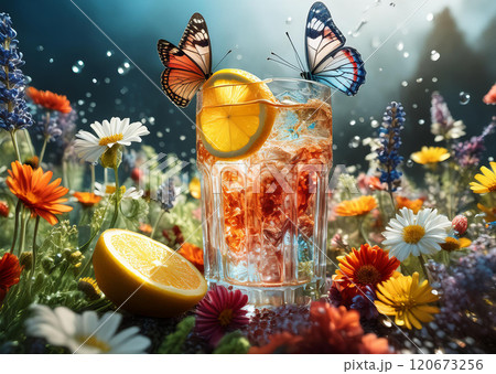 Captivating scene with a glass filled with a beverage and garnished with fruit slices and flowers, centered amidst a lush field of vibrant wildflowers 120673256