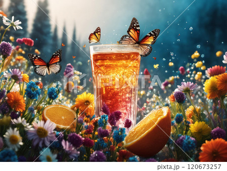 Captivating scene with a glass filled with a beverage and garnished with fruit slices and flowers, centered amidst a lush field of vibrant wildflowers 120673257
